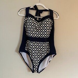 Boden Santorini Halterneck Swimsuit in Flattering Navy/White Pattern